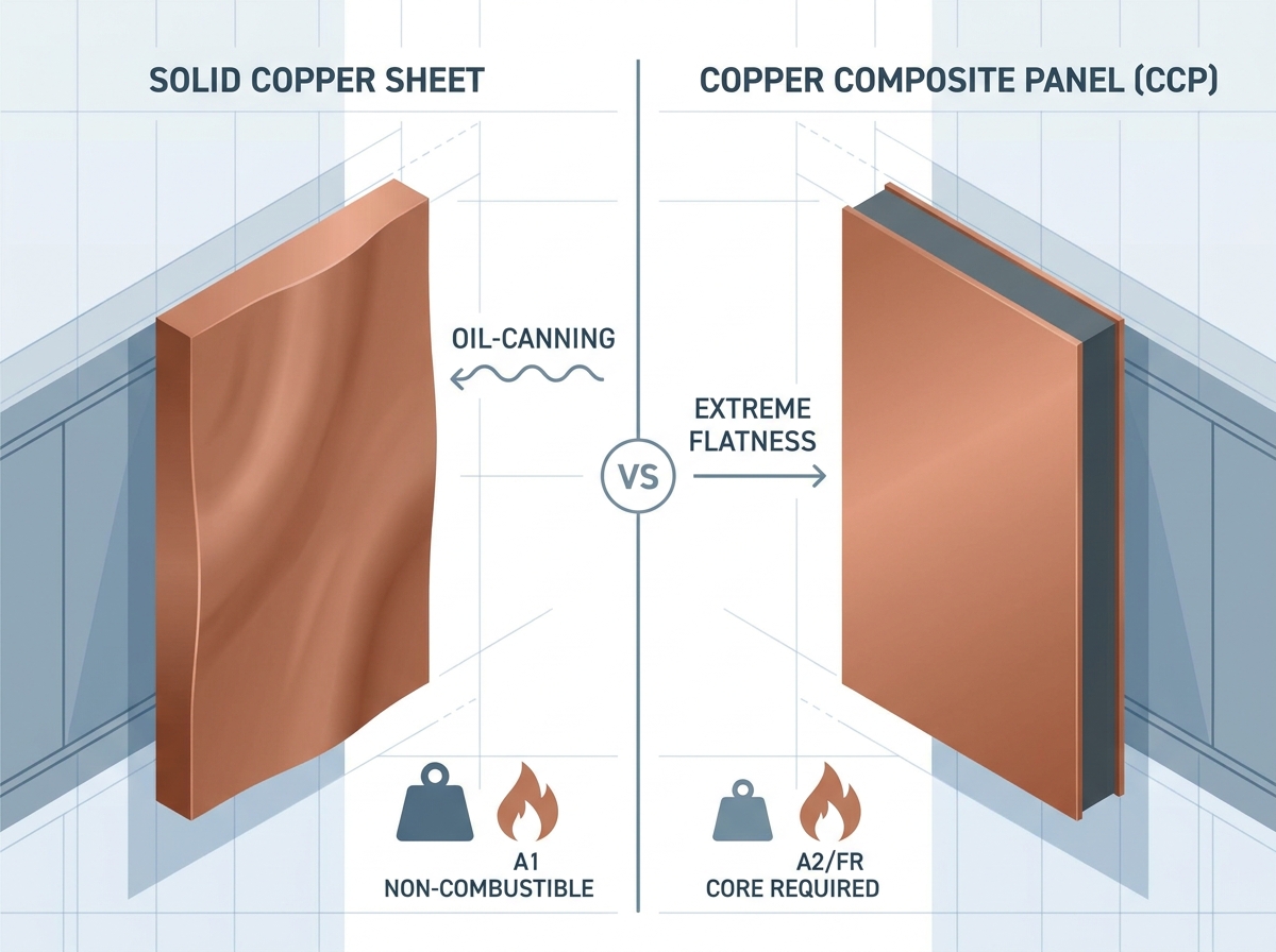 Compara&ccedil;&atilde;o entre painel composto de cobre e folha de cobre s&oacute;lido